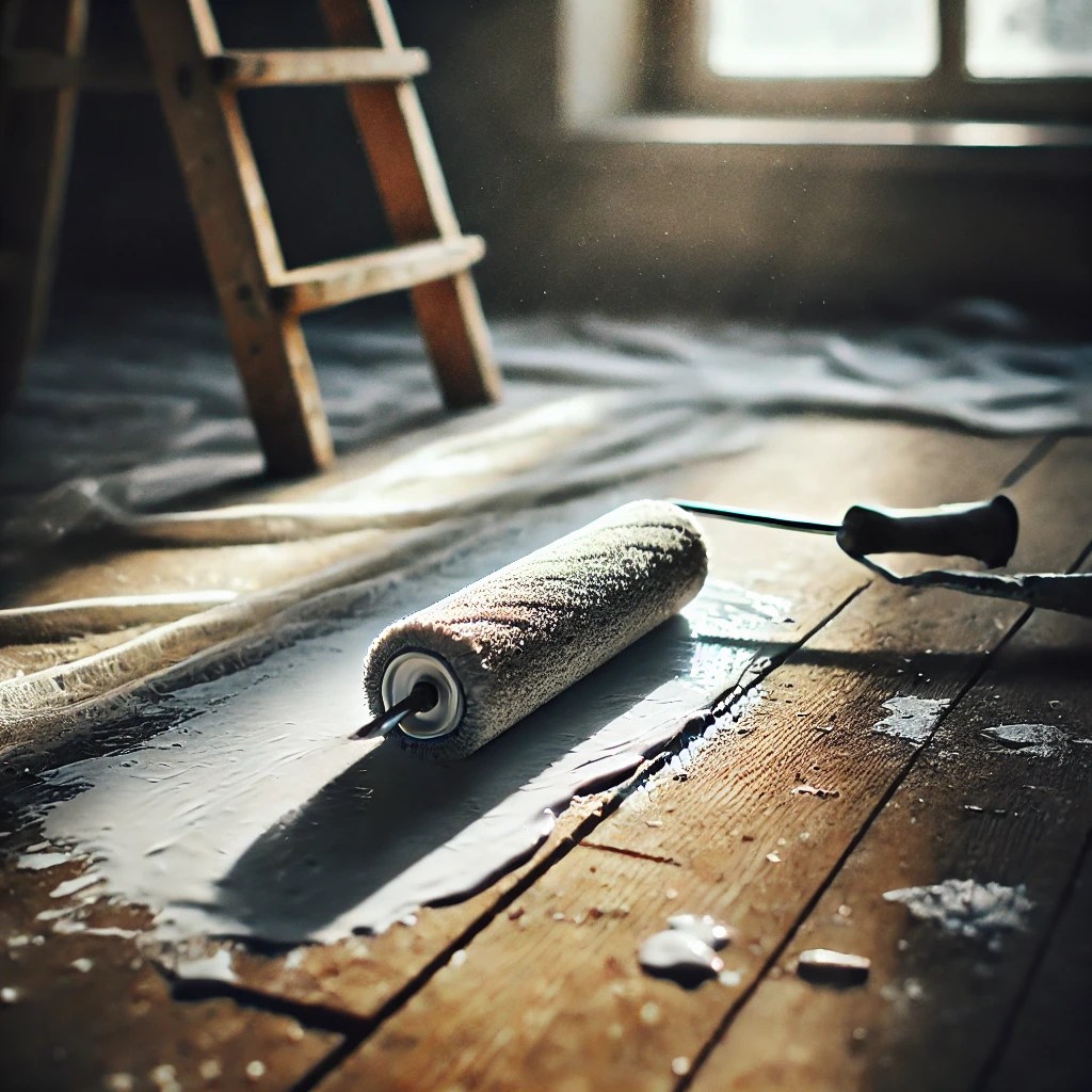 A detailed close-up of a paint roller resting on the floor, partially covered with white paint. The wooden floor beneath has small splatters of paint, and nearby, there’s a faint reflection of sunlight streaming in from a window. The scene is intimate and reflective, symbolizing the act of renewal and farewell.